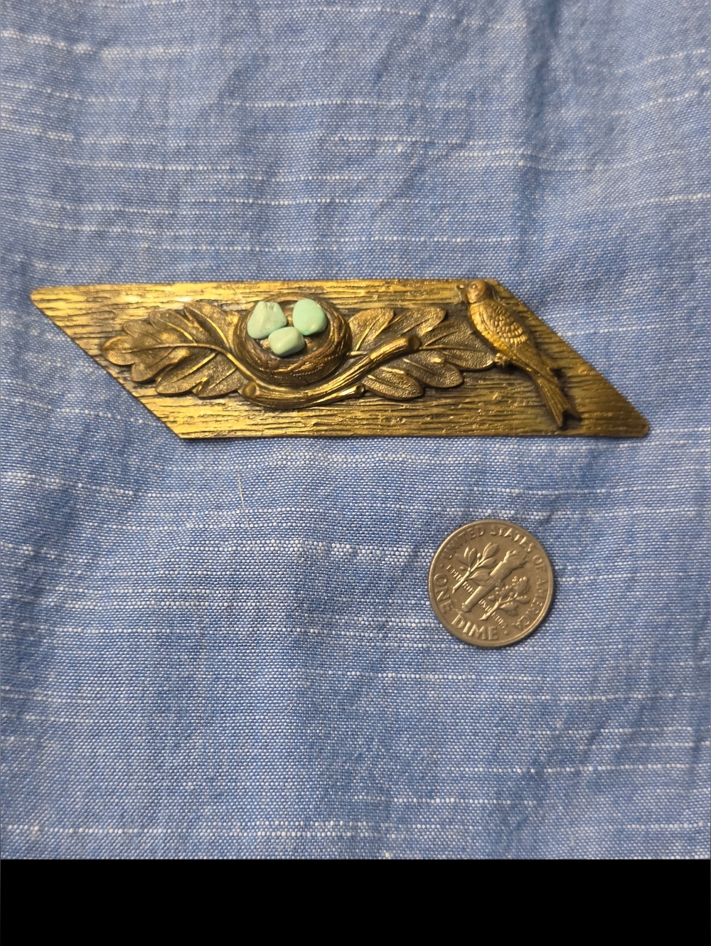 Antique Brass Brooch, Bird & Nest with Turqouise Stones